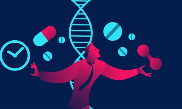 Animated graphic with DNA strand on it and medication around it.