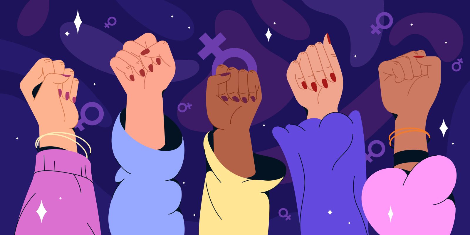 Female hands up on the air with the female gender sign behind them