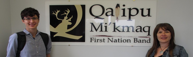 Two members of the Assessing Awareness of Indigenous Realities research team visiting the Qalipu Mi'kmaq First Nation Band office. 