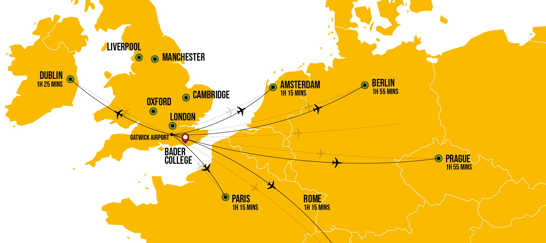 Map of Europe with flight times to major cities