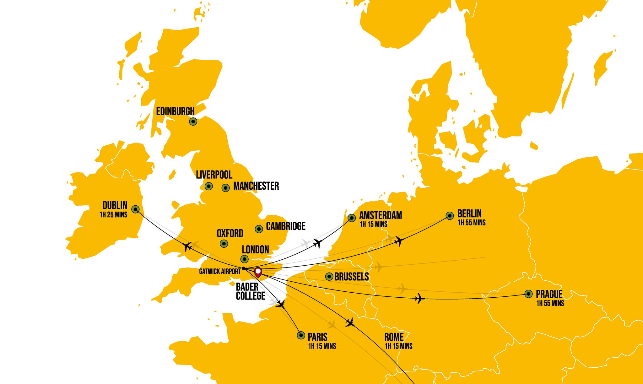 Map of Europe with flight times to major cities