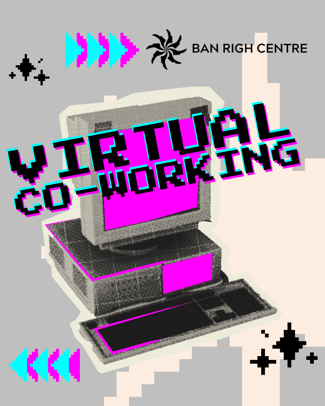 Neon pink computer with Virtual Co-Working written in front