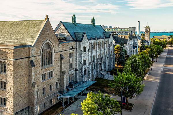 [aerial view of University Avenue buildings, looking toward the lake]]