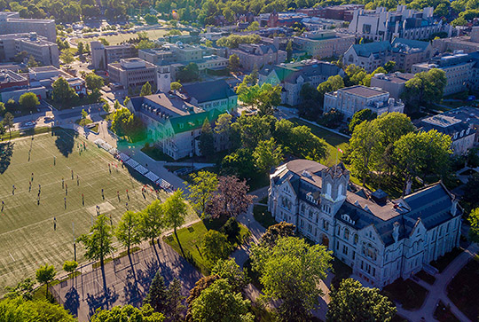 Drone shot of Queen's Campus featuring Theological and Grant Hall
