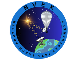 Logo for the BVEX telescope showing a radio telescope on the ground and on a balloon both pointing at the same star in the sky.
