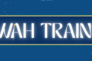 Name of event on blue background.