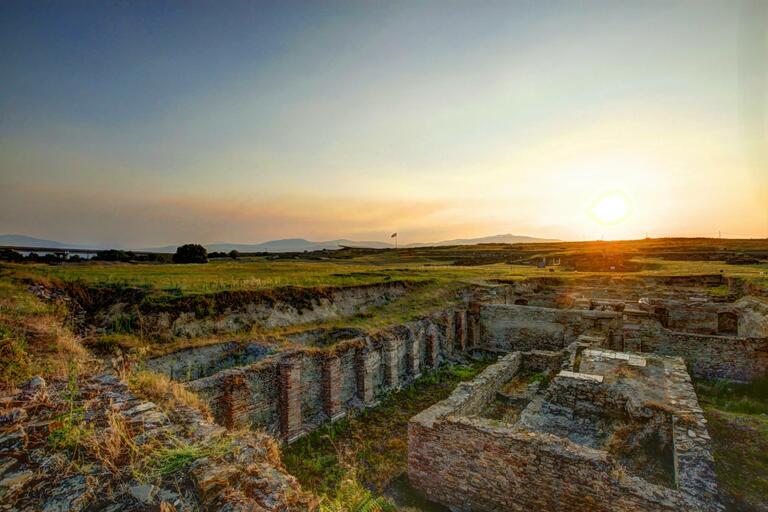Picturesque photograph of the Stobi dig site at sunset.