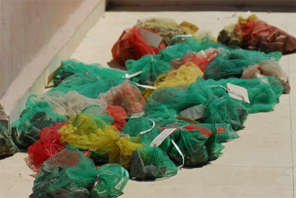 Mesh bags of cleaned pottery drying on a sunbathed roof.