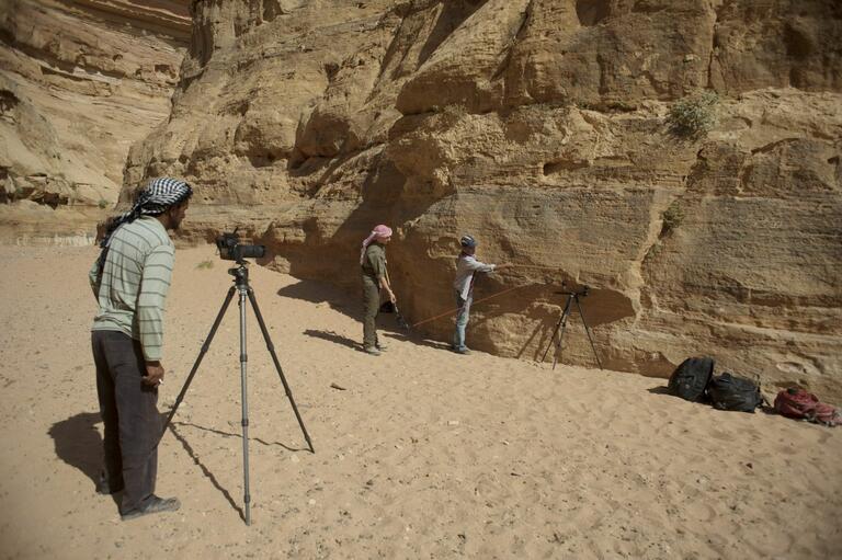 Students setting up to take placement photographs at Humayma excavation site.