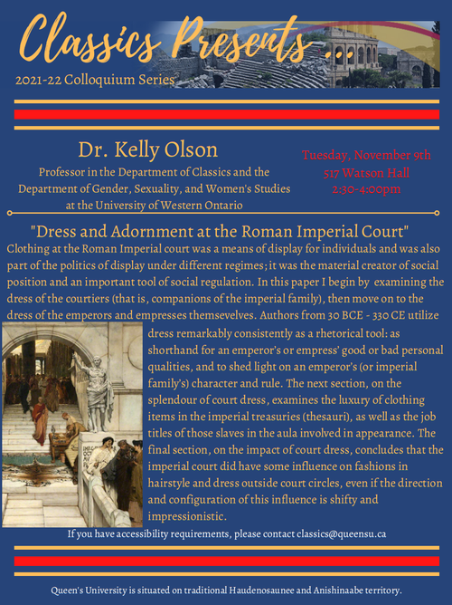 poster with info re Classics Presents Nov 9th speaker Dr. Kelly Olson