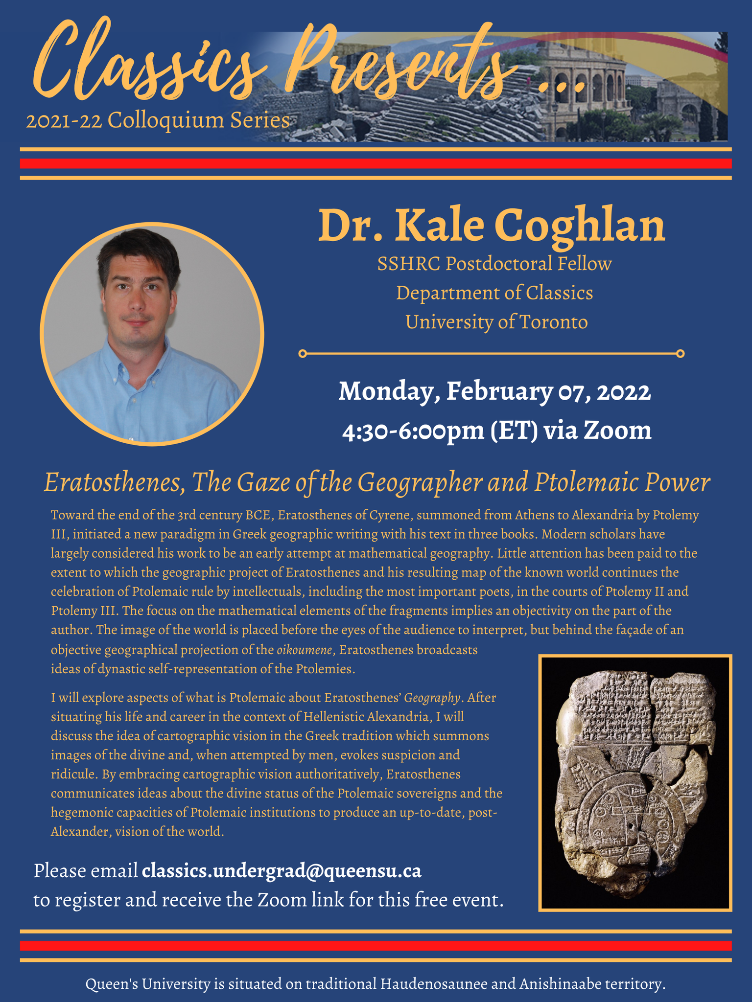 poster with info re Feb 07/22 speaker Dr. Kale Coghlan