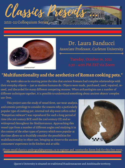 Poster for Dr. Laura Banducci's presentation. All information is copied on webpage. Poster also includes two images of the Pompeiian redware that Dr. Banducci will be discussing.