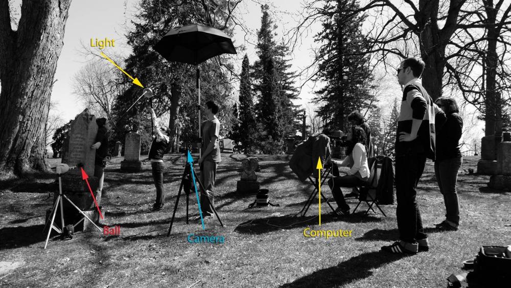 Labelled photo of equipment being set up in a cemetery