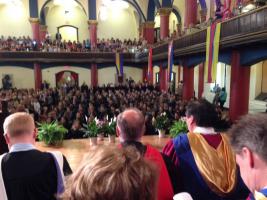 A graduation ceremony in Grant Hall from the stages perspective