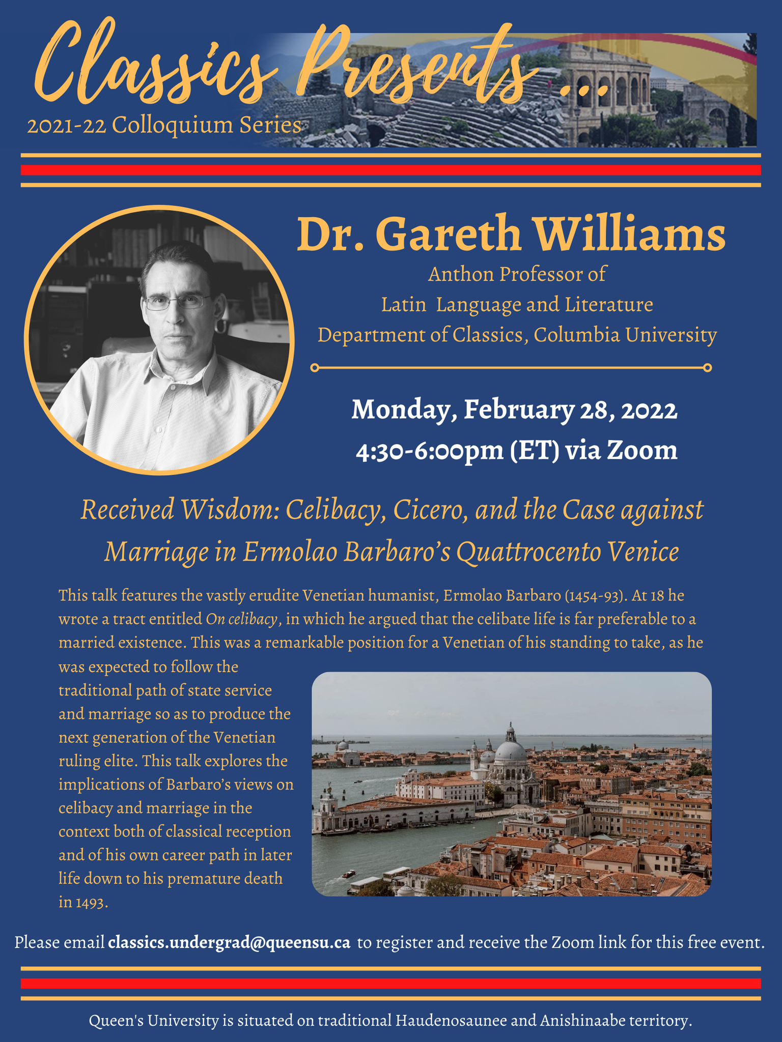 poster with info re Feb 28/22 speaker Dr. Gareth Williams