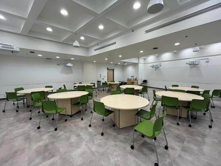View of the classroom from a student perspective at the back of the room. Instructor’s podium is located at the front of the room on the right-hand side (from student’s point of view). A whiteboard is located on the right wall, close to the instructor’s podium and along other walls. A digital projector on the ceiling projects onto the whiteboards around the room. This classroom is accessible for students.