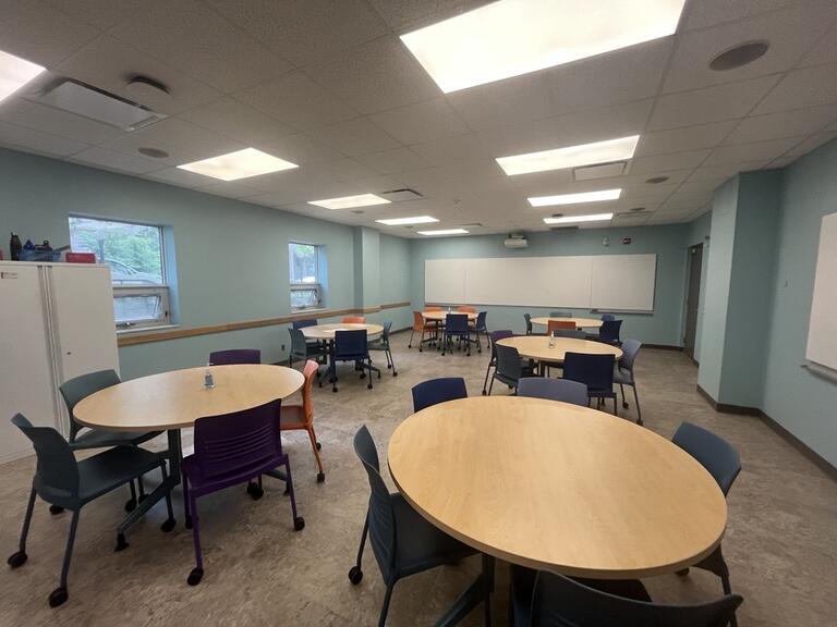 View of the classroom from the instructor’s podium. There are multiple round tables with chairs for students. A projector projects onto a screen, located at the back of the room. This classroom is accessible for instructors.