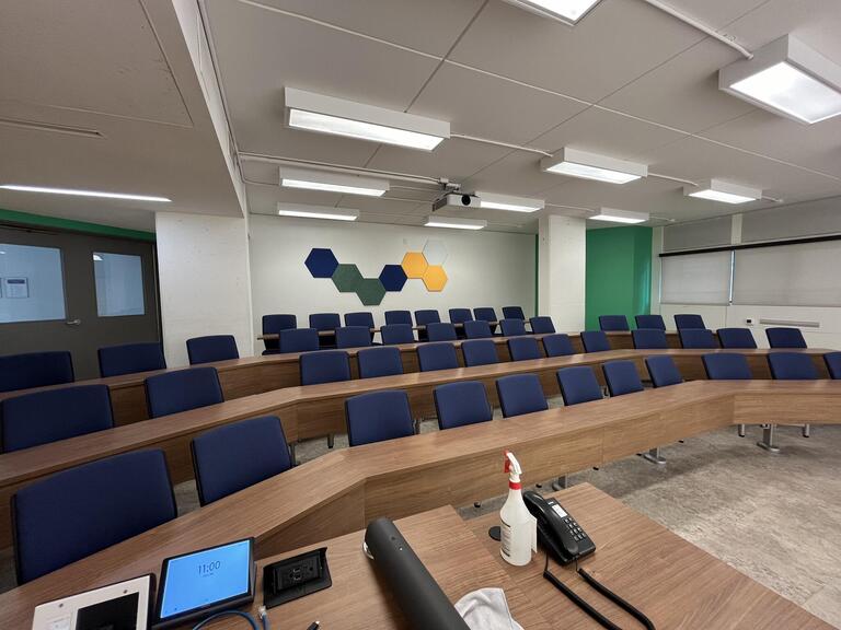 Instructor’s view of the desks throughout the room. There are four rows of seats on tiers raising towards the back of the room. There is wall art on the back wall of the room. Chairs and tables are stationary with the chairs attached to the desks.