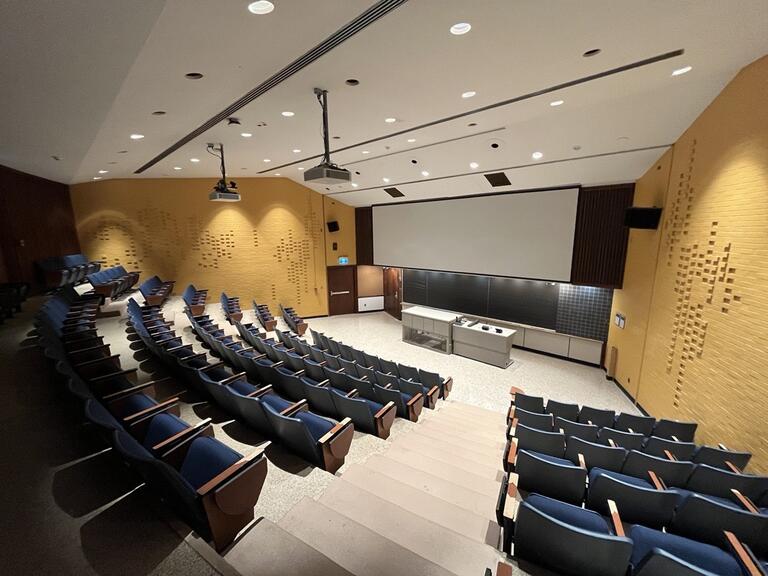 View of the classroom from a student seat near the rear of the room. In front are multiple rows of empty chairs. The instructor podium is at the front of the room, in the middle. The classroom has a long blackboard in the middle of the front wall. A digital projector on the ceiling, projects onto a screen at the front of the room. This classroom is not accessible for students.