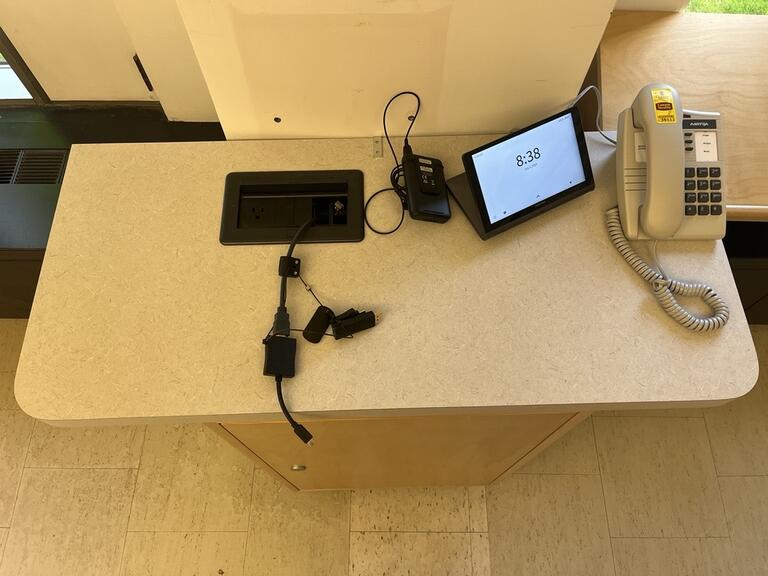 Top-down view of the podium. This podium is not movable or height adjustable. This podium is accessible.