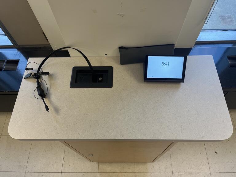 Top-down view of the podium. The podium is not movable or height adjustable. The podium is accessible.