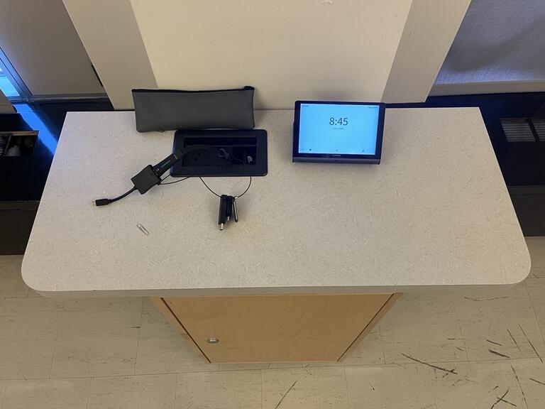 Top-down view of the podium. This podium is not movable or height adjustable. This podium is accessible.