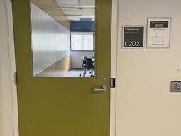 Door to enter room D202 in Mackintosh-Corry Hall. The door has a lever on the right side. The door has an automatic operator.