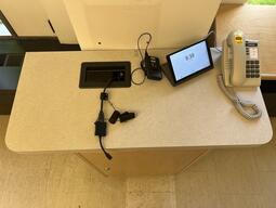 Top-down view of the podium. This podium is not movable or height adjustable. This podium is accessible.