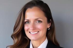 Woman with brown wavy hair, swept to the side, wearing a white shirt and black blazer smiling at camera.