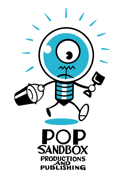 logo of a lightbulb with an eye holding a bucket and a paintbrush with the text Pop Sandbox Productions and Publishing
