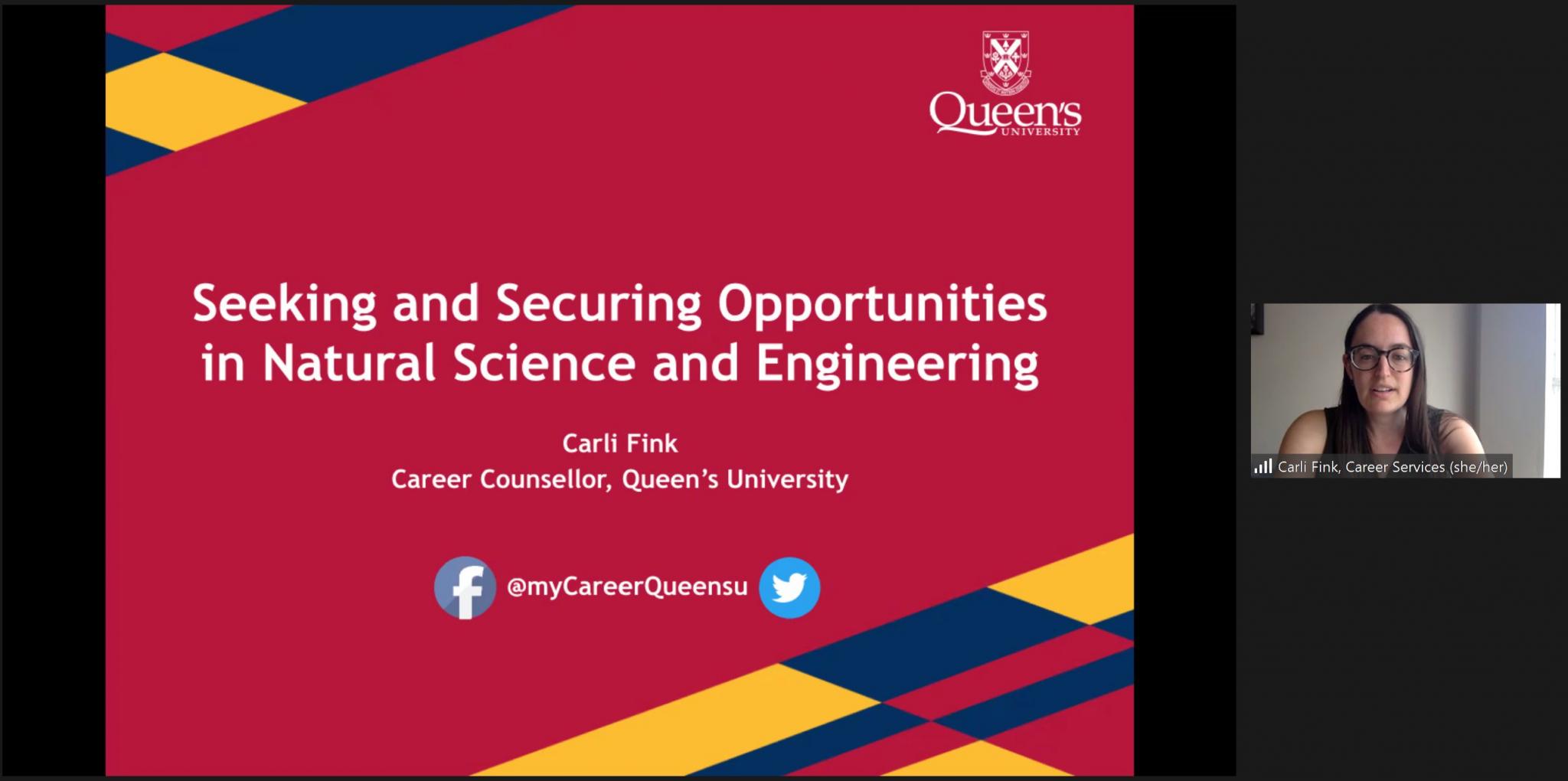 Workshop on "Seeking and Securing Opportunities" from Carli Fink, Career Counsellor, Career Services, Queen’s University