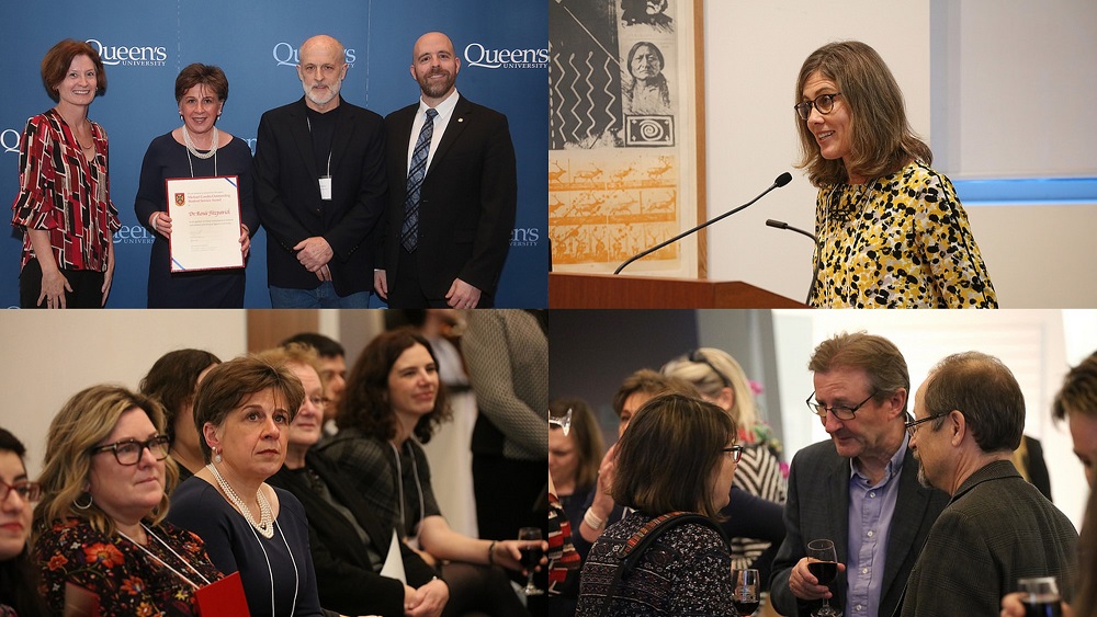 "Going clockwise from top left: Principal's Teaching and Learning Award winners listening to a speaker; Catherine Donnelly speaking into a microphone at a podium; Guest mingling at Reception; Renee Fitzpatrick with Mike Condra and others recieing award"