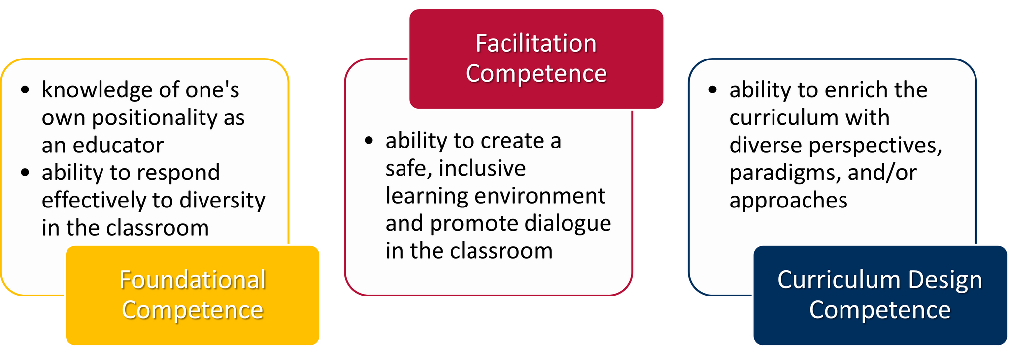 Foundational Competence: knowledge of one's own positionality as an educator and ability to respond effectively to diversity in the classroom; Facilitation Competence: ability to create a safe, inclusive learning environment and promote dialogue in the classroom; Curriculum Design Competence: ability to enrich the curriculum with diverse perspectives, paradigms, and/or approaches