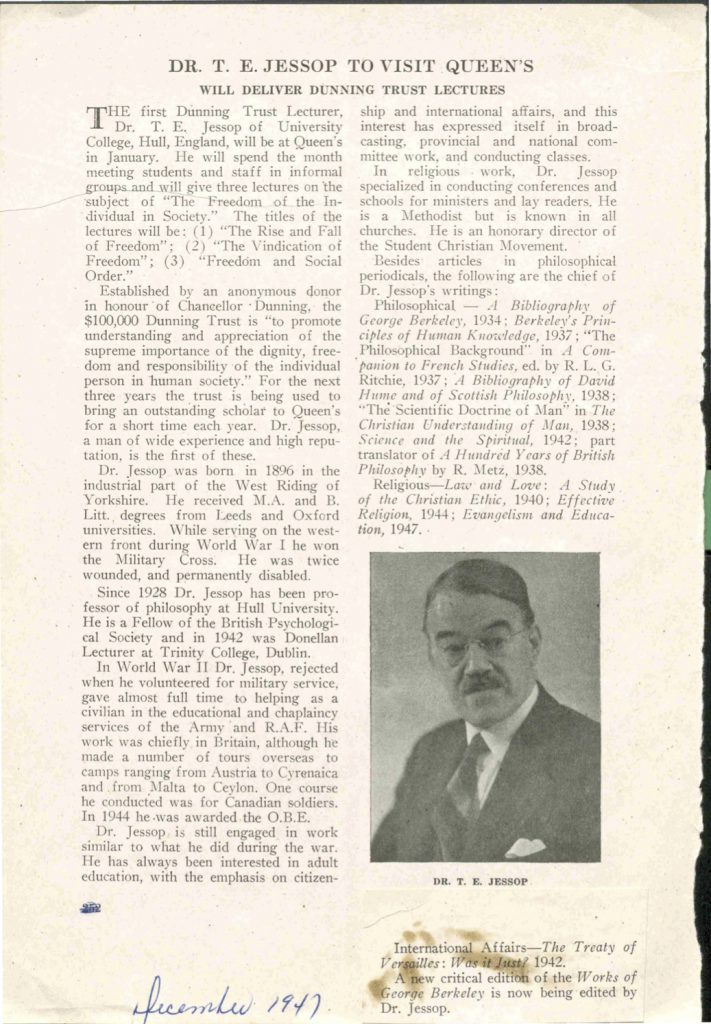 Advertisement for the first Dunning Trust lecture by T.E. Jessop