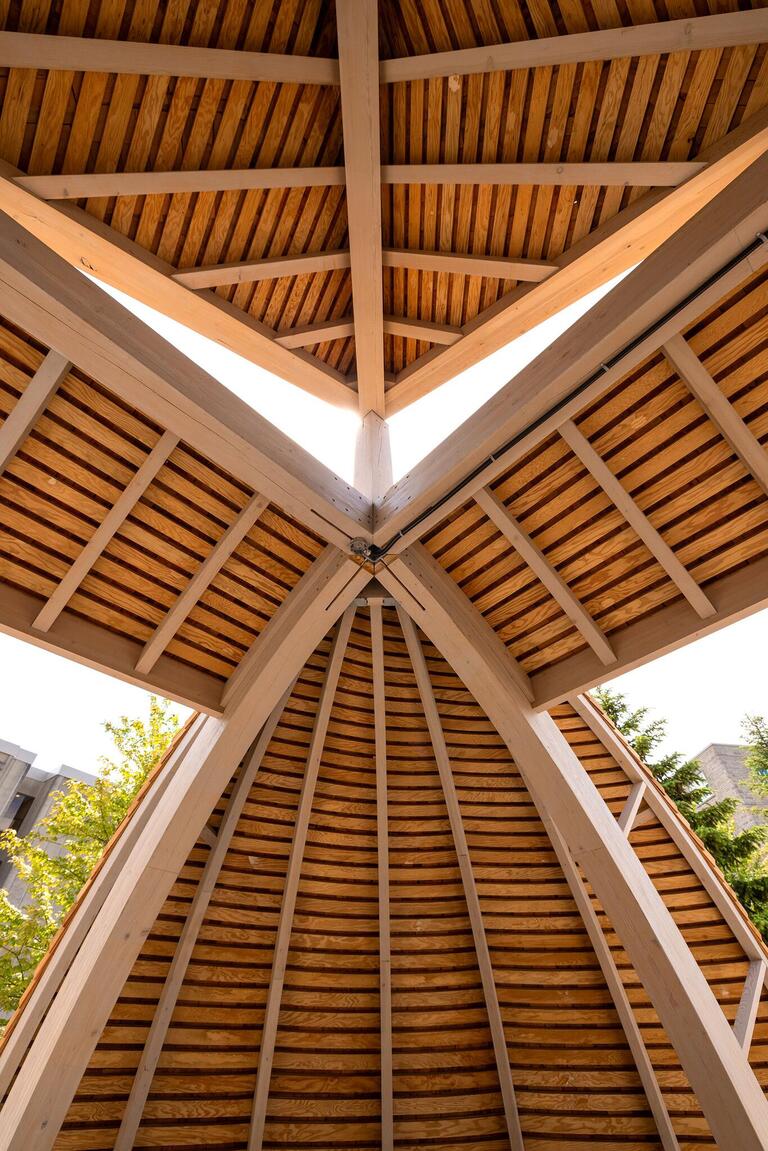 [inside the gathering space looking to the ceiling]