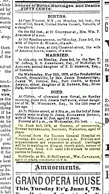 Robert Sutherland Death Notice, Toronto