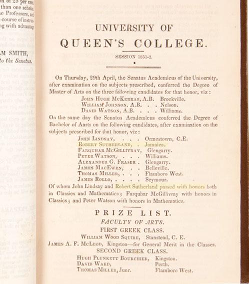 Page from the Official University Record 1851-1852