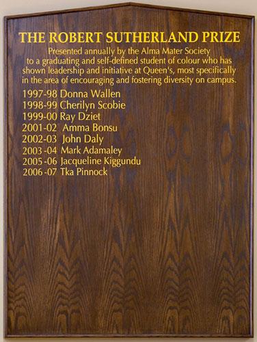 Prize Plaque mounted in Robert Sutherland room in the JDUC