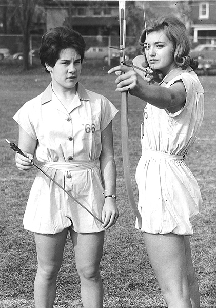 [Physical Education students practicing archery in 1963]