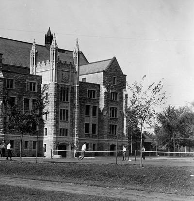 [photo of tennis courts behind Douglas Library circa 1925]