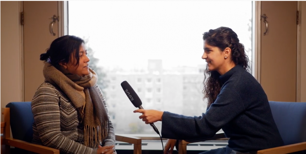 A woman being interviewed