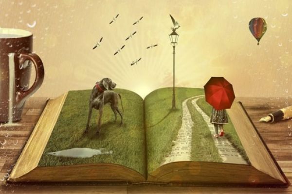 Open book with a 3D picture of a dog and person walking with a red umbrella