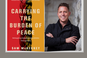 photo of sam and the cover of his book "carrying the burden of peace" 