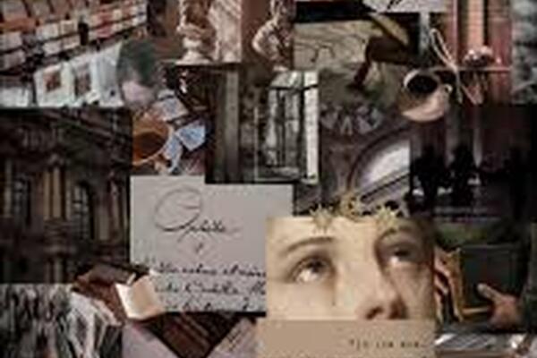 collage of images of paintings, books, and text written on paper