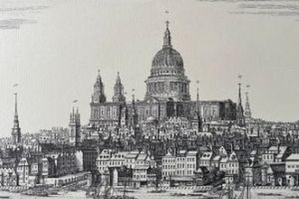 drawing of a city with a big building in the center