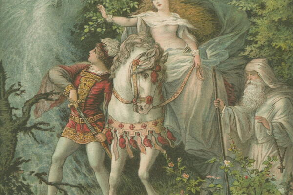 A princess on a horse in the woods with a prince and an old man standing beside the horse