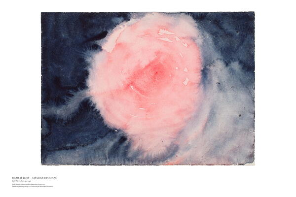 Watercolor painting depicting a large, soft-edged pink circular form against a dark blue and gray background.