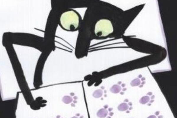 Illustration of a black cat with large green eyes looking at an open book filled with purple paw prints arranged in rows. The cartoon-style drawing uses bold black outlines and a dark background to emphasize the cat's curious expression and the patterned pages.