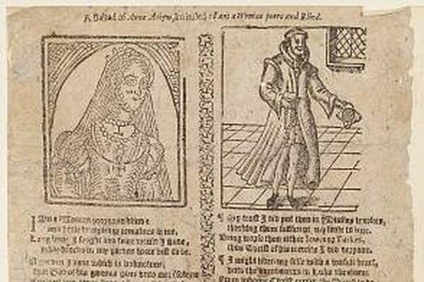two sections with illustrations and accompanying text in old English script. Left section shows a detailed portrait of a woman framed by an arch, while right section depicts a man in period clothing holding a sword, 