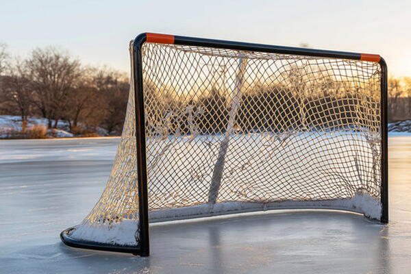 an empty outdoor hockey net on a frozen lake during sunset